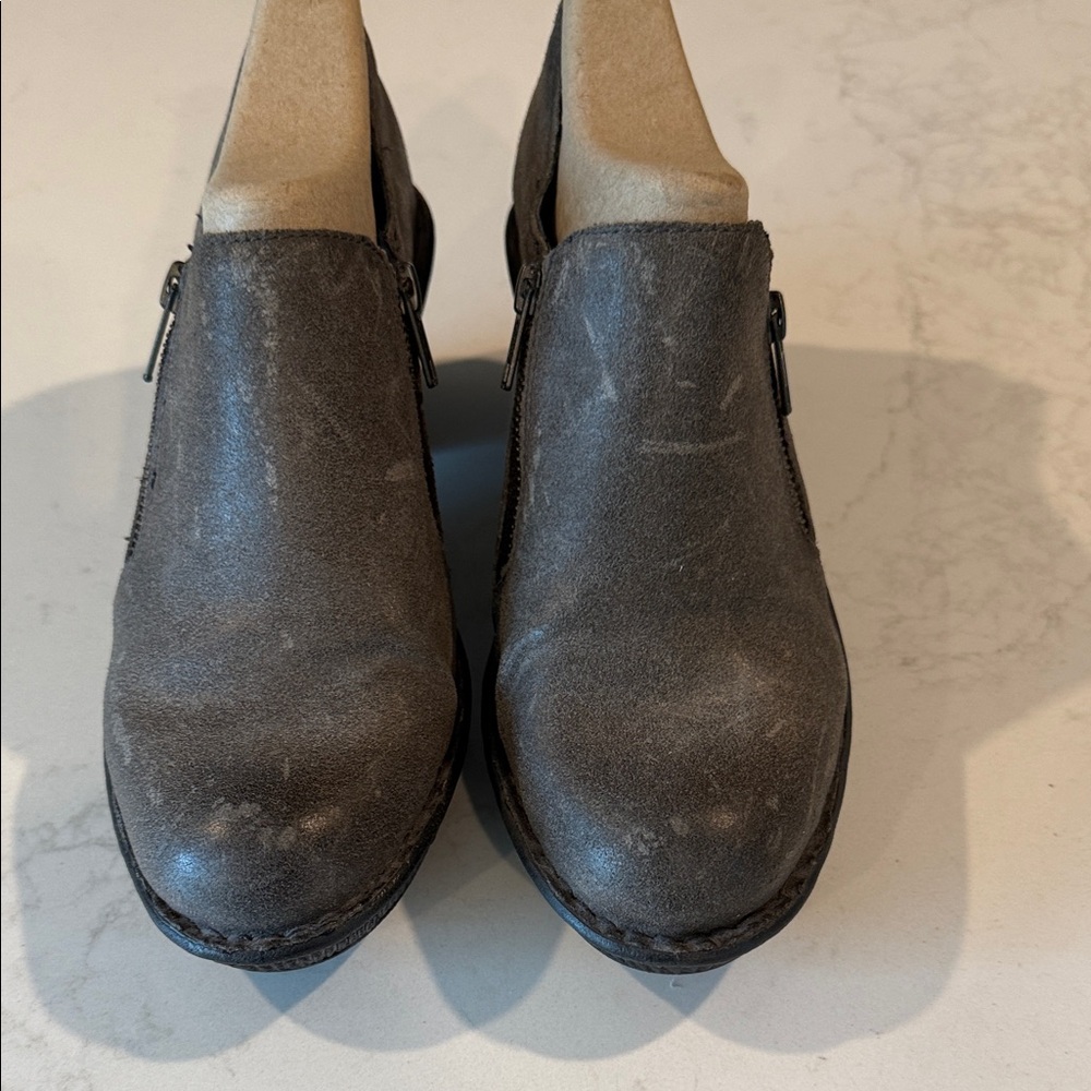 BORN Distressed Leather Mules Double Zippers brownish-gray, very little wear.